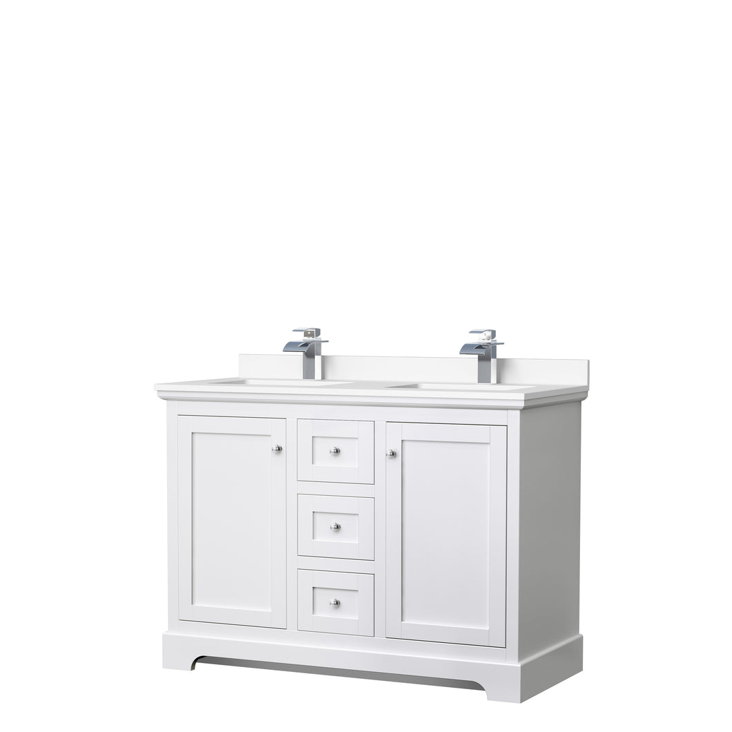 Wyndham Avery 48 Inch Double Bathroom Vanity in White, White Cultured Marble Countertop, Undermount Square Sinks, No Mirror- Wyndham