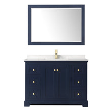 Load image into Gallery viewer, Wyndham Avery 48 Inch Single Bathroom Vanity in Dark Blue, Light-Vein Carrara Cultured Marble Countertop, Undermount Square Sink, 46 Inch Mirror- Wyndham