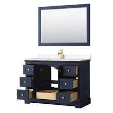 Load image into Gallery viewer, Wyndham Avery 48 Inch Single Bathroom Vanity in Dark Blue, Light-Vein Carrara Cultured Marble Countertop, Undermount Square Sink, 46 Inch Mirror- Wyndham