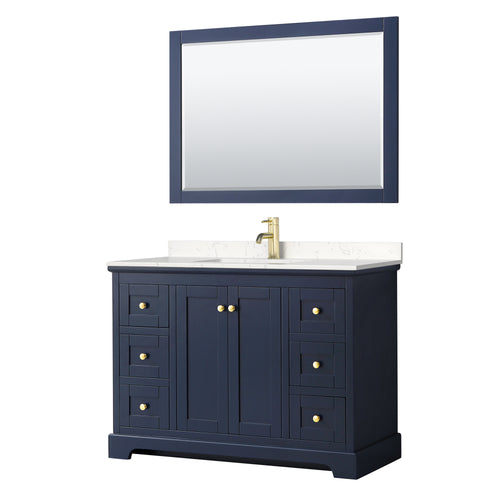 Wyndham Avery 48 Inch Single Bathroom Vanity in Dark Blue, Light-Vein Carrara Cultured Marble Countertop, Undermount Square Sink, 46 Inch Mirror- Wyndham