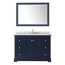 Load image into Gallery viewer, Wyndham Avery 48 Inch Single Bathroom Vanity in Dark Blue, White Carrara Marble Countertop, Undermount Oval Sink, and 46 Inch Mirror- Wyndham