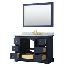 Load image into Gallery viewer, Wyndham Avery 48 Inch Single Bathroom Vanity in Dark Blue, White Carrara Marble Countertop, Undermount Oval Sink, and 46 Inch Mirror- Wyndham