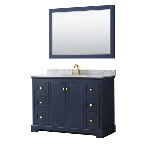 Wyndham Avery 48 Inch Single Bathroom Vanity in Dark Blue, White Carrara Marble Countertop, Undermount Oval Sink, and 46 Inch Mirror- Wyndham