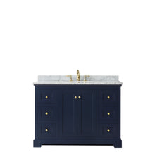 Load image into Gallery viewer, Wyndham Avery 48 Inch Single Bathroom Vanity in Dark Blue, White Carrara Marble Countertop, Undermount Oval Sink, and No Mirror- Wyndham
