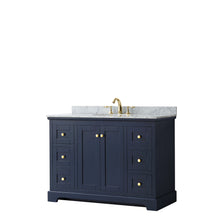 Load image into Gallery viewer, Wyndham Avery 48 Inch Single Bathroom Vanity in Dark Blue, White Carrara Marble Countertop, Undermount Oval Sink, and No Mirror- Wyndham