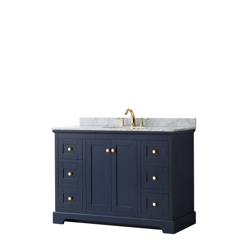Wyndham Avery 48 Inch Single Bathroom Vanity in Dark Blue, White Carrara Marble Countertop, Undermount Oval Sink, and No Mirror- Wyndham
