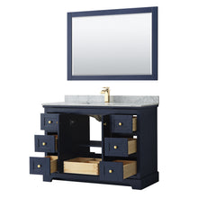 Load image into Gallery viewer, Wyndham Avery 48 Inch Single Bathroom Vanity in Dark Blue, White Carrara Marble Countertop, Undermount Square Sink, and 46 Inch Mirror- Wyndham