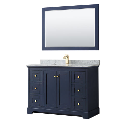 Wyndham Avery 48 Inch Single Bathroom Vanity in Dark Blue, White Carrara Marble Countertop, Undermount Square Sink, and 46 Inch Mirror- Wyndham