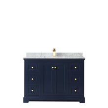 Load image into Gallery viewer, Wyndham Avery 48 Inch Single Bathroom Vanity in Dark Blue, White Carrara Marble Countertop, Undermount Square Sink, and No Mirror- Wyndham
