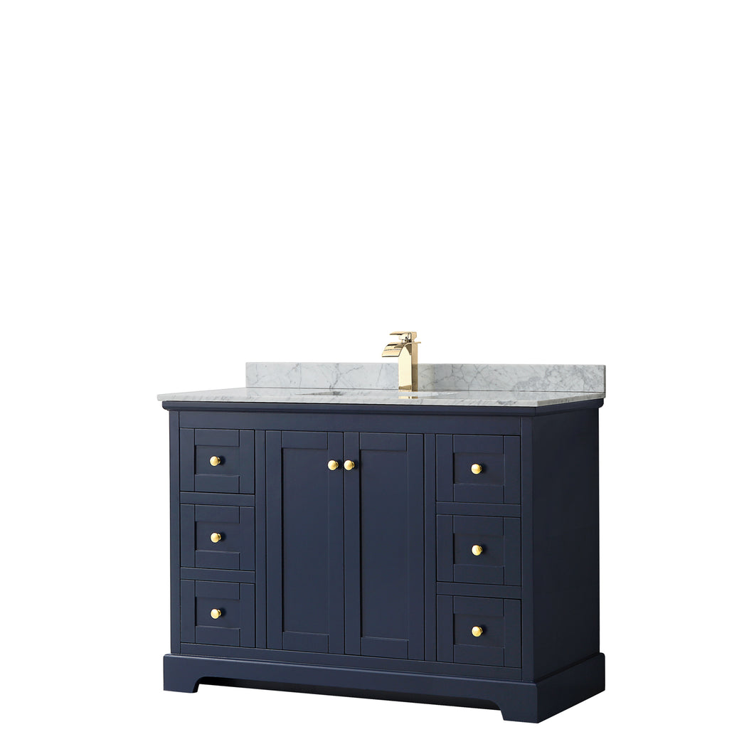 Wyndham Avery 48 Inch Single Bathroom Vanity in Dark Blue, White Carrara Marble Countertop, Undermount Square Sink, and No Mirror- Wyndham