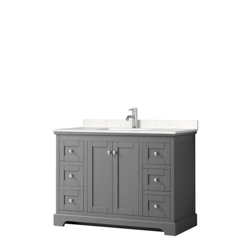 Wyndham Avery 48 Inch Single Bathroom Vanity in Dark Gray, Light-Vein Carrara Cultured Marble Countertop, Undermount Square Sink, No Mirror- Wyndham