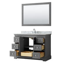 Load image into Gallery viewer, Wyndham Avery 48 Inch Single Bathroom Vanity in Dark Gray, White Carrara Marble Countertop, Undermount Oval Sink, and 46 Inch Mirror- Wyndham
