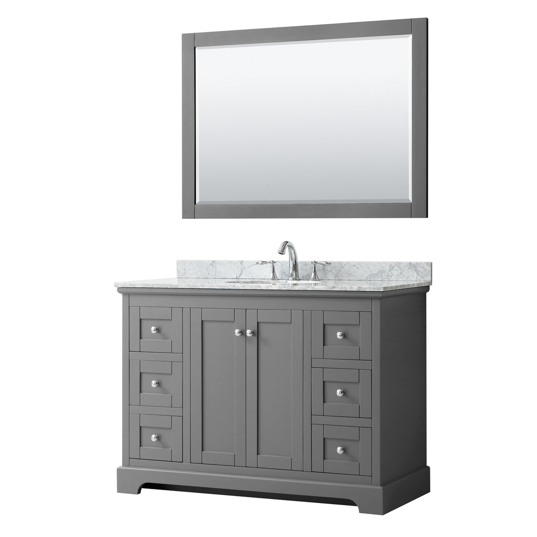 Wyndham Avery 48 Inch Single Bathroom Vanity in Dark Gray, White Carrara Marble Countertop, Undermount Oval Sink, and 46 Inch Mirror- Wyndham