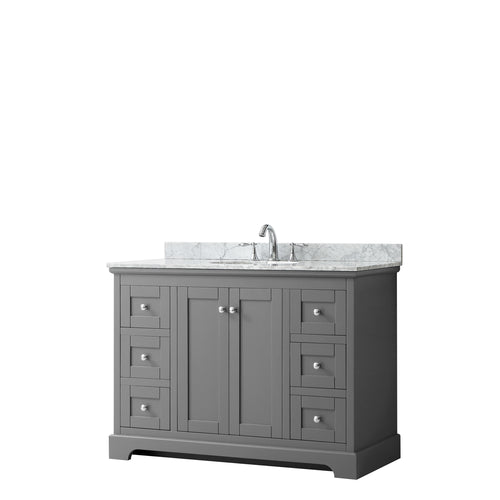 Wyndham Avery 48 Inch Single Bathroom Vanity in Dark Gray, White Carrara Marble Countertop, Undermount Oval Sink, and No Mirror- Wyndham