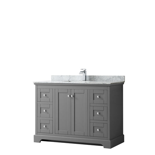 Wyndham Avery 48 Inch Single Bathroom Vanity in Dark Gray, White Carrara Marble Countertop, Undermount Square Sink, and No Mirror- Wyndham