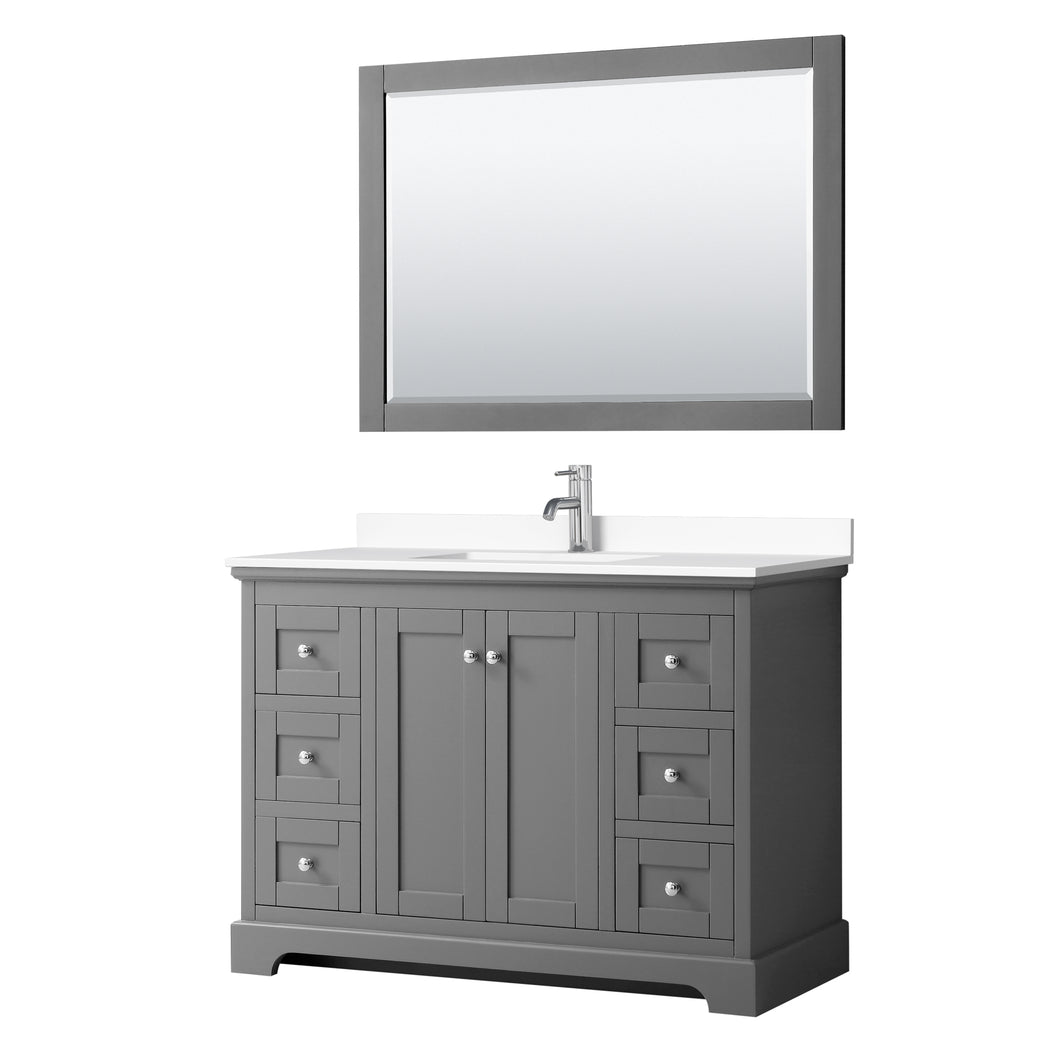 Wyndham Avery 48 Inch Single Bathroom Vanity in Dark Gray, White Cultured Marble Countertop, Undermount Square Sink, 46 Inch Mirror- Wyndham