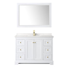 Load image into Gallery viewer, Wyndham Avery 48 Inch Single Bathroom Vanity in White, Light-Vein Carrara Cultured Marble Countertop, Undermount Square Sink, 46 Inch Mirror, Brushed Gold Trim- Wyndham