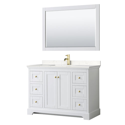 Wyndham Avery 48 Inch Single Bathroom Vanity in White, Light-Vein Carrara Cultured Marble Countertop, Undermount Square Sink, 46 Inch Mirror, Brushed Gold Trim- Wyndham