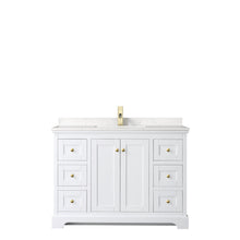 Load image into Gallery viewer, Wyndham Avery 48 Inch Single Bathroom Vanity in White, Light-Vein Carrara Cultured Marble Countertop, Undermount Square Sink, Brushed Gold Trim- Wyndham