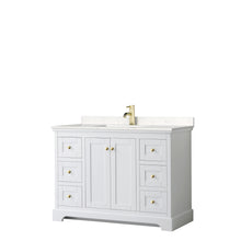Load image into Gallery viewer, Wyndham Avery 48 Inch Single Bathroom Vanity in White, Light-Vein Carrara Cultured Marble Countertop, Undermount Square Sink, Brushed Gold Trim- Wyndham
