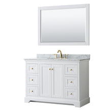 Load image into Gallery viewer, Wyndham Avery 48 Inch Single Bathroom Vanity in White, White Carrara Marble Countertop, Undermount Oval Sink, 46 Inch Mirror, Brushed Gold Trim- Wyndham