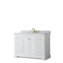 Load image into Gallery viewer, Wyndham Avery 48 Inch Single Bathroom Vanity in White, White Carrara Marble Countertop, Undermount Oval Sink, Brushed Gold Trim- Wyndham