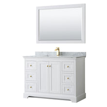 Load image into Gallery viewer, Wyndham Avery 48 Inch Single Bathroom Vanity in White, White Carrara Marble Countertop, Undermount Square Sink, 46 Inch Mirror, Brushed Gold Trim- Wyndham