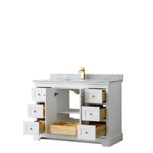 Load image into Gallery viewer, Wyndham Avery 48 Inch Single Bathroom Vanity in White, White Carrara Marble Countertop, Undermount Square Sink, Brushed Gold Trim- Wyndham