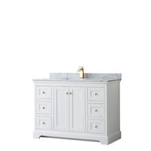 Load image into Gallery viewer, Wyndham Avery 48 Inch Single Bathroom Vanity in White, White Carrara Marble Countertop, Undermount Square Sink, Brushed Gold Trim- Wyndham