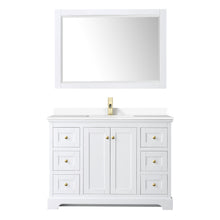 Load image into Gallery viewer, Wyndham Avery 48 Inch Single Bathroom Vanity in White, White Cultured Marble Countertop, Undermount Square Sink, 46 Inch Mirror, Brushed Gold Trim- Wyndham