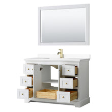 Load image into Gallery viewer, Wyndham Avery 48 Inch Single Bathroom Vanity in White, White Cultured Marble Countertop, Undermount Square Sink, 46 Inch Mirror, Brushed Gold Trim- Wyndham