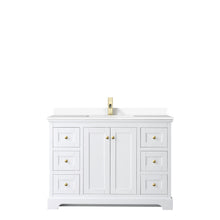 Load image into Gallery viewer, Wyndham Avery 48 Inch Single Bathroom Vanity in White, White Cultured Marble Countertop, Undermount Square Sink, Brushed Gold Trim- Wyndham