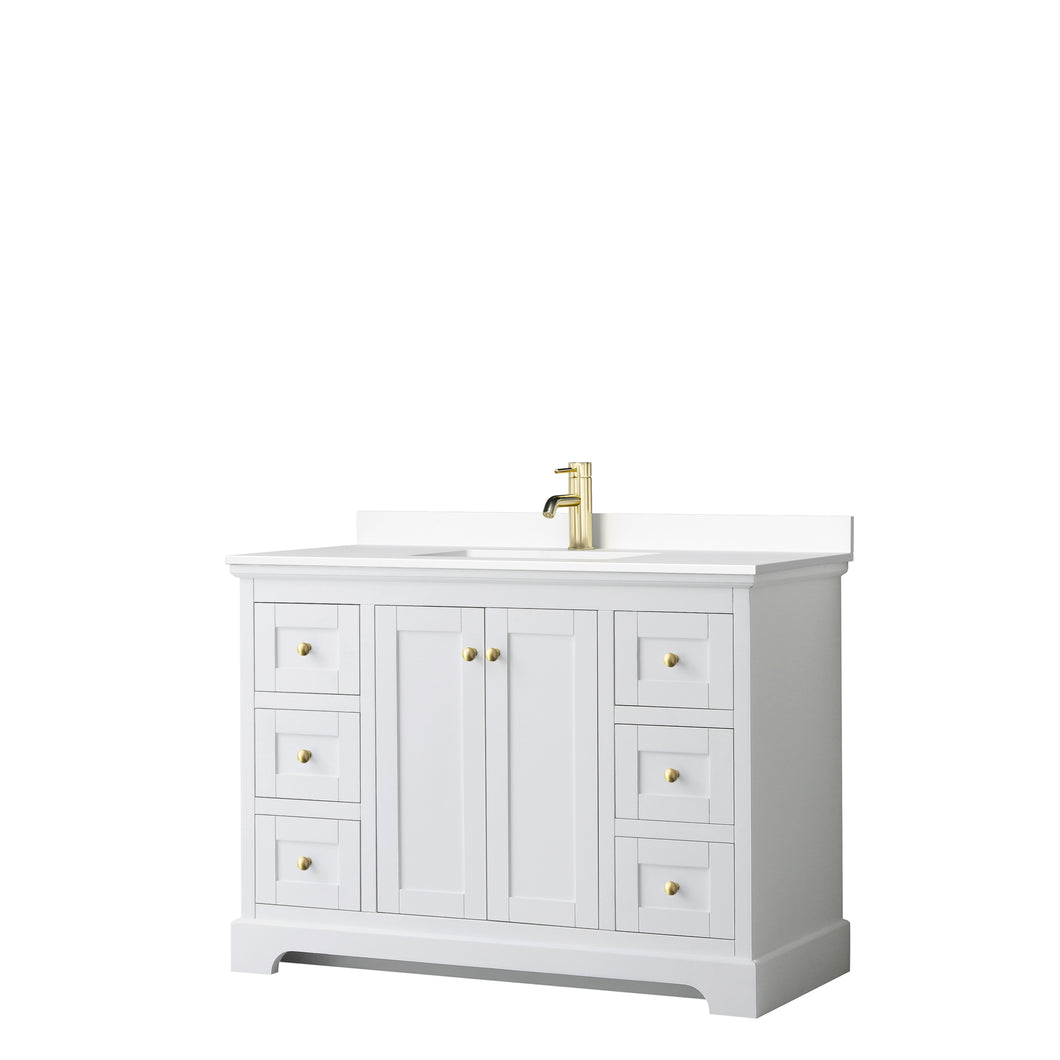 Wyndham Avery 48 Inch Single Bathroom Vanity in White, White Cultured Marble Countertop, Undermount Square Sink, Brushed Gold Trim- Wyndham