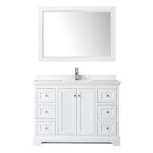 Load image into Gallery viewer, Wyndham Avery 48 Inch Single Bathroom Vanity in White, Light-Vein Carrara Cultured Marble Countertop, Undermount Square Sink, 46 Inch Mirror- Wyndham
