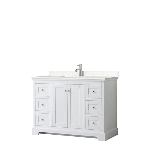 Wyndham Avery 48 Inch Single Bathroom Vanity in White, Light-Vein Carrara Cultured Marble Countertop, Undermount Square Sink, No Mirror- Wyndham