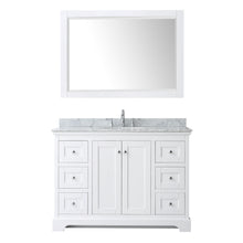 Load image into Gallery viewer, Wyndham Avery 48 Inch Single Bathroom Vanity in White, White Carrara Marble Countertop, Undermount Oval Sink, and 46 Inch Mirror- Wyndham