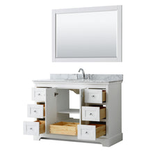 Load image into Gallery viewer, Wyndham Avery 48 Inch Single Bathroom Vanity in White, White Carrara Marble Countertop, Undermount Oval Sink, and 46 Inch Mirror- Wyndham