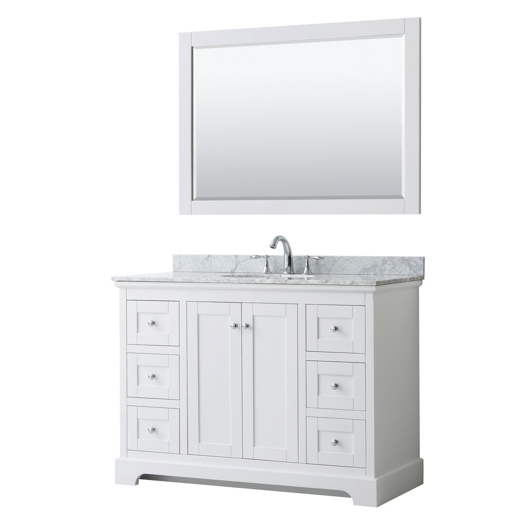 Wyndham Avery 48 Inch Single Bathroom Vanity in White, White Carrara Marble Countertop, Undermount Oval Sink, and 46 Inch Mirror- Wyndham