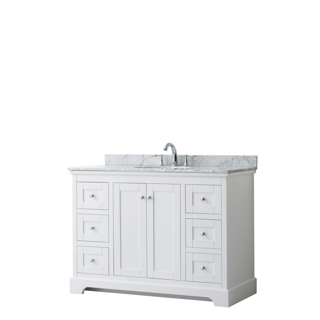 Wyndham Avery 48 Inch Single Bathroom Vanity in White, White Carrara Marble Countertop, Undermount Oval Sink, and No Mirror- Wyndham
