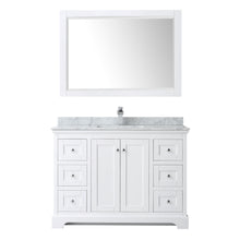 Load image into Gallery viewer, Wyndham Avery 48 Inch Single Bathroom Vanity in White, White Carrara Marble Countertop, Undermount Square Sink, and 46 Inch Mirror- Wyndham