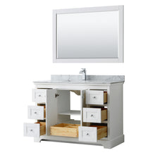 Load image into Gallery viewer, Wyndham Avery 48 Inch Single Bathroom Vanity in White, White Carrara Marble Countertop, Undermount Square Sink, and 46 Inch Mirror- Wyndham