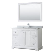 Load image into Gallery viewer, Wyndham Avery 48 Inch Single Bathroom Vanity in White, White Carrara Marble Countertop, Undermount Square Sink, and 46 Inch Mirror- Wyndham