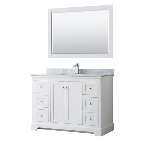 Wyndham Avery 48 Inch Single Bathroom Vanity in White, White Carrara Marble Countertop, Undermount Square Sink, and 46 Inch Mirror- Wyndham