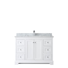 Load image into Gallery viewer, Wyndham Avery 48 Inch Single Bathroom Vanity in White, White Carrara Marble Countertop, Undermount Square Sink, and No Mirror- Wyndham