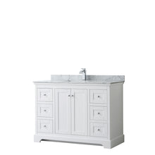 Load image into Gallery viewer, Wyndham Avery 48 Inch Single Bathroom Vanity in White, White Carrara Marble Countertop, Undermount Square Sink, and No Mirror- Wyndham