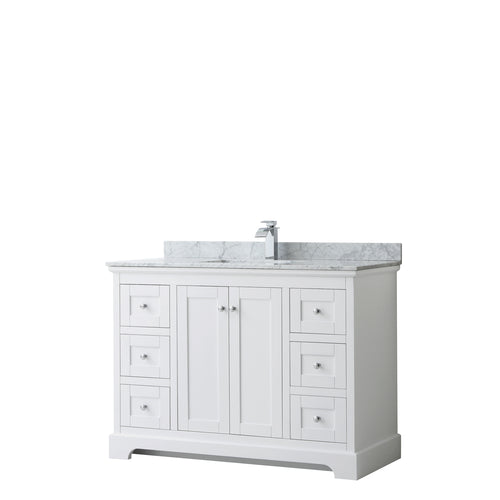 Wyndham Avery 48 Inch Single Bathroom Vanity in White, White Carrara Marble Countertop, Undermount Square Sink, and No Mirror- Wyndham