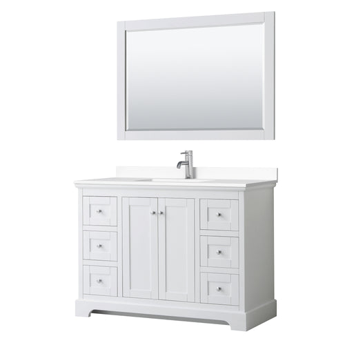 Wyndham Avery 48 Inch Single Bathroom Vanity in White, White Cultured Marble Countertop, Undermount Square Sink, 46 Inch Mirror- Wyndham