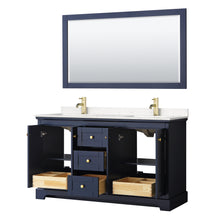 Load image into Gallery viewer, Wyndham Avery 60 Inch Double Bathroom Vanity in Dark Blue, Light-Vein Carrara Cultured Marble Countertop, Undermount Square Sinks, 58 Inch Mirror- Wyndham