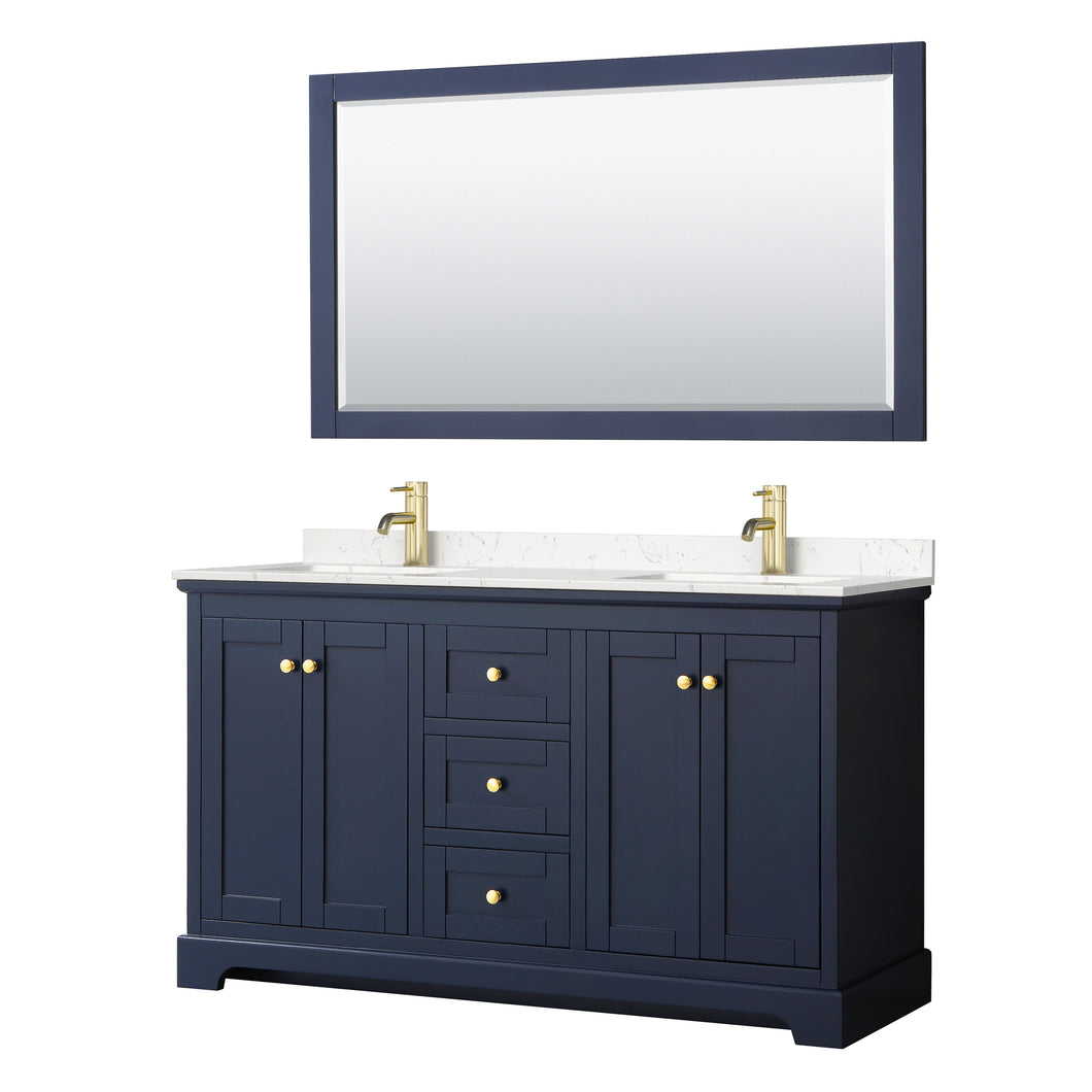 Wyndham Avery 60 Inch Double Bathroom Vanity in Dark Blue, Light-Vein Carrara Cultured Marble Countertop, Undermount Square Sinks, 58 Inch Mirror- Wyndham