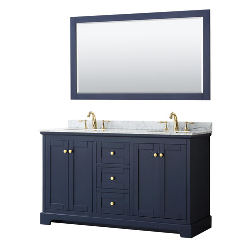Wyndham Avery 60 Inch Double Bathroom Vanity in Dark Blue, White Carrara Marble Countertop, Undermount Oval Sinks, and 58 Inch Mirror- Wyndham